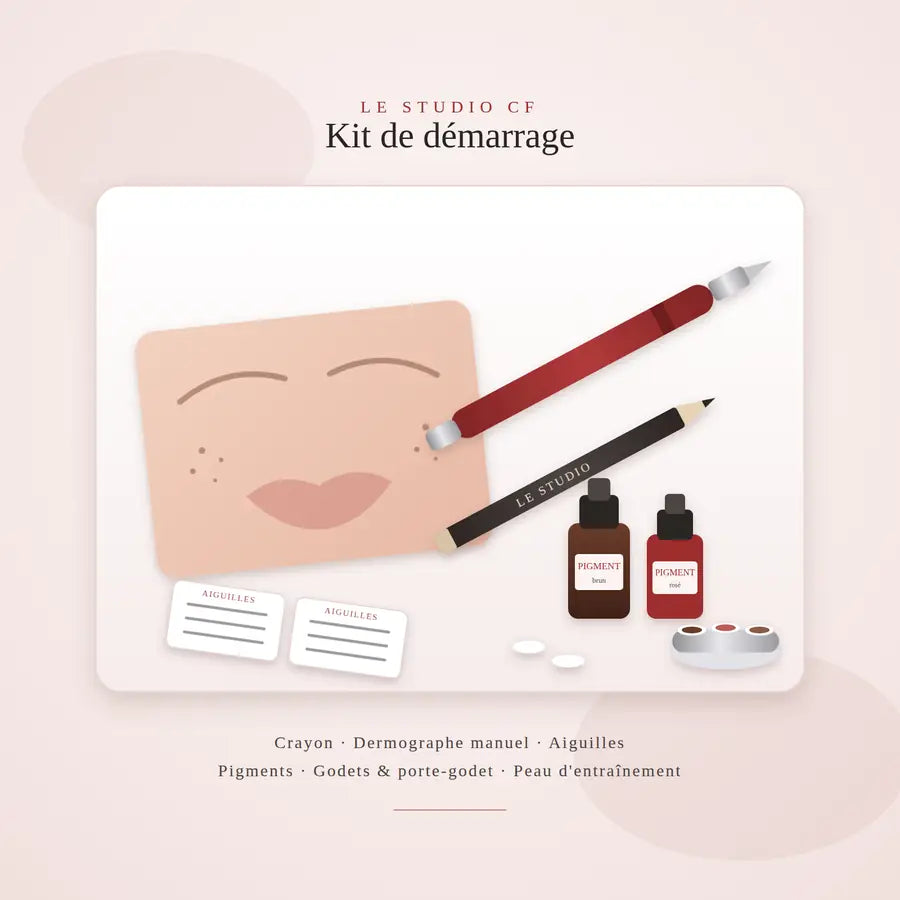 Kit de démarrage Le Studio CF : crayon, dermographe manuel, aiguilles, pigments, godets et peau d'entraînement